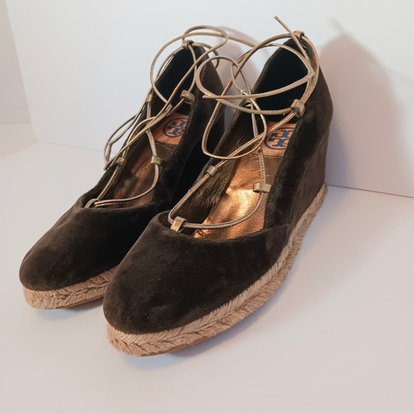 TORY BURCH Brown Velvet Espadrille Wedges Ankle Tie Sz 8.5 WornButNotWornOut - Picture 7 of 16